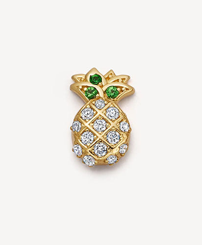 Pineapple shape yellow gold charm set with diamonds and green stone for the leaves